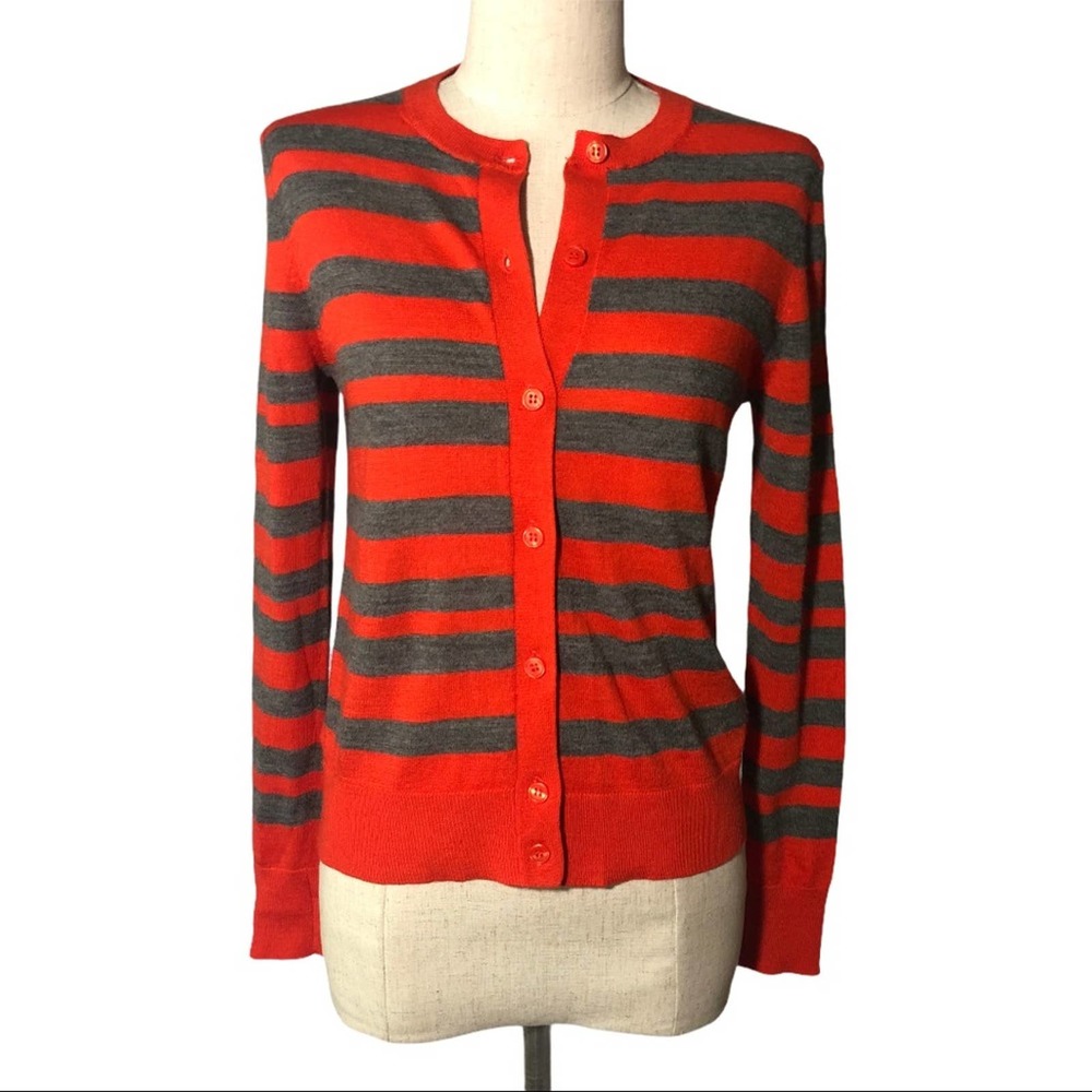 Loft Xs Red And Grey Stripe Button Front Cardigan - image 1